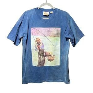 Vintage 90s Packing Crate Classics Mens Blue Fishing Graphic T-Shirt Faded USA